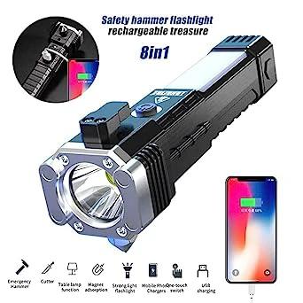 1524 Portable 3w Rechargeable Torch Led Flashlight Long Distance Beam Range Hammer And Strong Magnets Window Glass And Seat Belt Cutter 4 Modes For Car Camping Hiking Indoor Outdoor by Wukusy