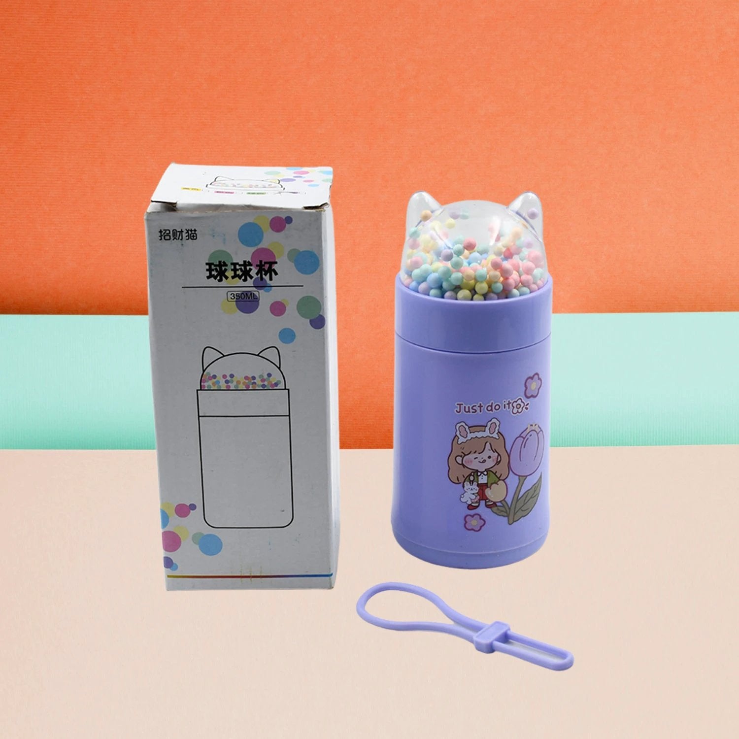 6953 Girl Glass Water Bottle For School With Kid Sparkle Strap Cat Lid Sequins Glitter Glass Cup Birthday Gift Children 350ml (Moq - 80 Pc) - 69KART